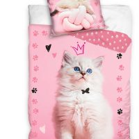 1-persoons meisjes dekbedovertrek (dekbed hoes) “prinses poes” roze met witte kitten / kat met kroontje en pootafdrukken en hartjes KATOEN eenpersoons 140 x 200 cm