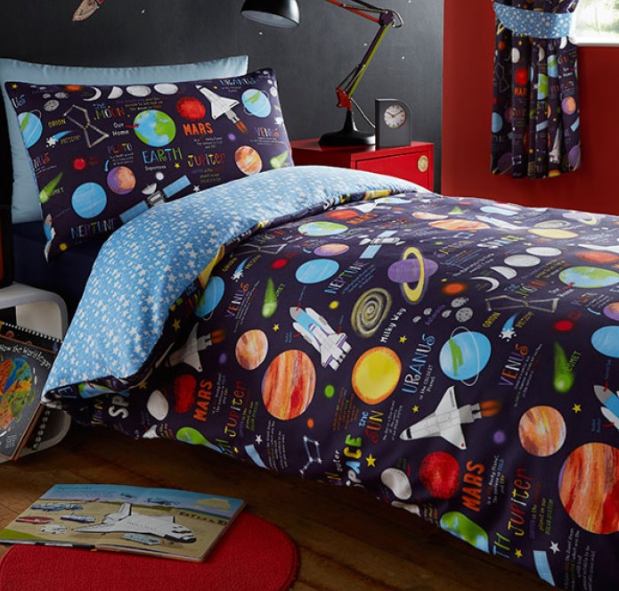 1 persoons kinderdekbedovertrek blauw met gekleurde planeten en raketten in de / het heelal 140 200 cm Blije Kids