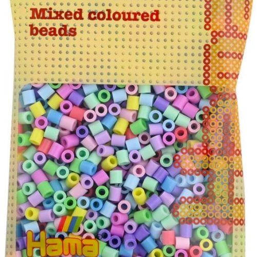Hama midi PASTEL MIX (gemengde zachte kleuren multicolor) strijkkralen, zakje met 1.000 stuks normale strijkparels (geel-blauw-paars-groen)