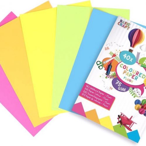 Set gekleurd A4 papier in 5 felle neon kleuren / fluor roze, oranje, geel, groen) Blije Kids