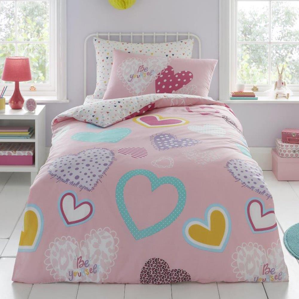 Gemarkeerd patroon wakker worden 2 persoons meisjes dekbedovertrek roze met verschillende hartjes / harten  in patchwork en pastel tinten 200 x 200 cm – Blije Kids