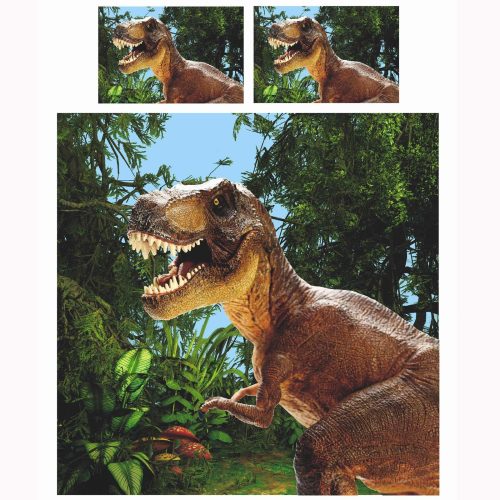 2-persoons jongens dekbedovertrek (dekbed hoes) ''Jurassic T-Rex'' groen / blauw met grote gevaarlijke dino / dinosaurus (dinosauriërs) in de natuur / bos / wildernis tweepersoons 200 x 200 cm