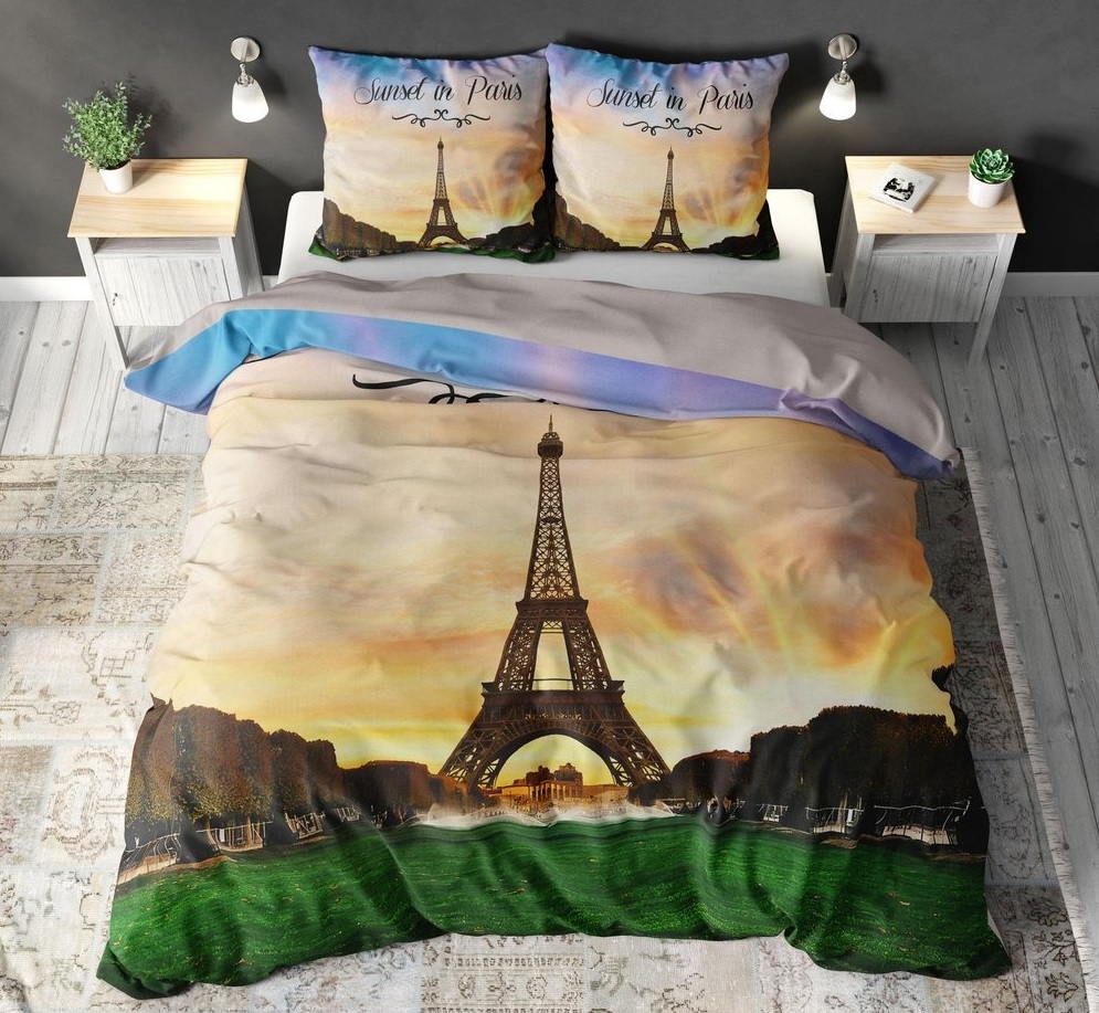 Excursie ik ben ziek plotseling 2-persoons dekbedovertrek (dekbed hoes) “sunset in Paris” met zonsondergang  bij de Eiffeltoren in Parijs (Frankrijk) 200 x 220 cm – Blije Kids