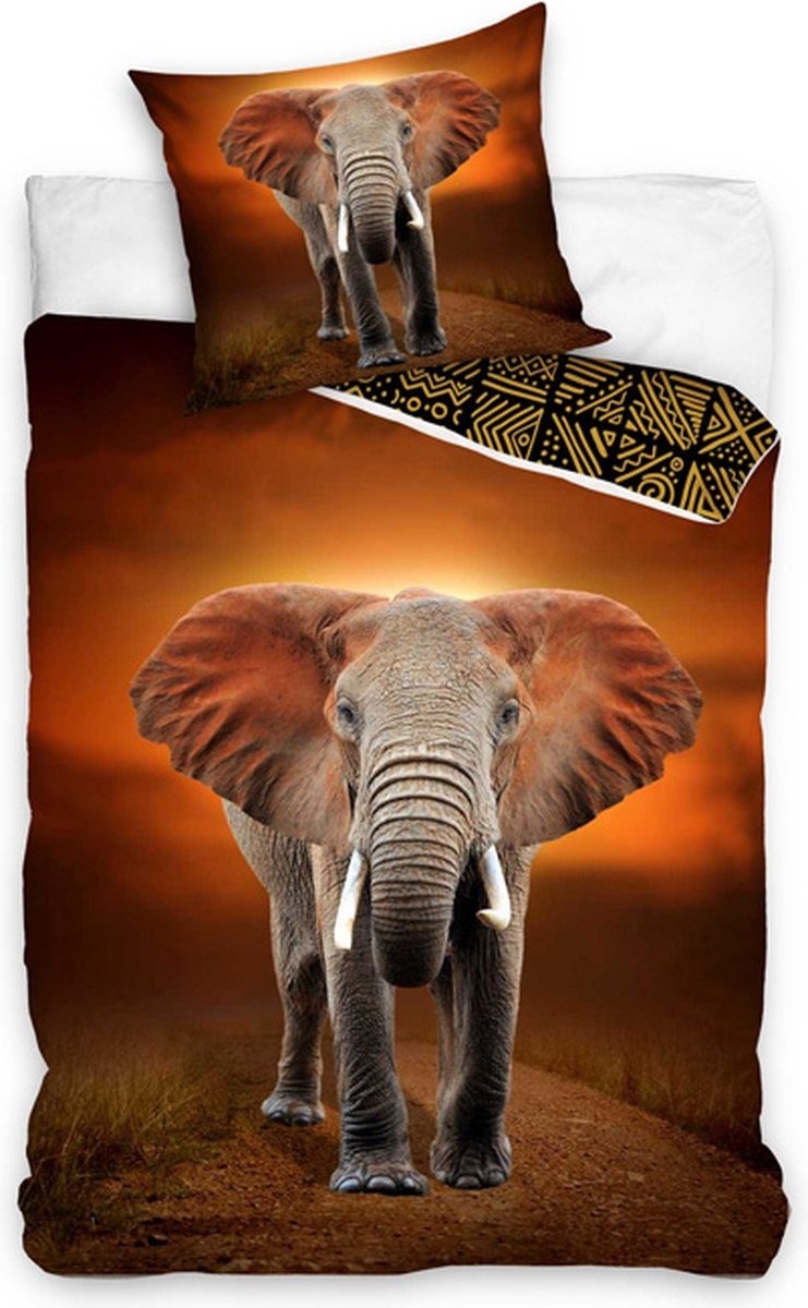 gelijkheid schade uitbreiden 1 persoons dekbedovertrek (dekbed hoes) met grote olifant (fotoprint  elephant) in de savanne bij zonsondergang in de natuur bruin/oranje KATOEN  eenpersoons 140 x 200 cm – Blije Kids