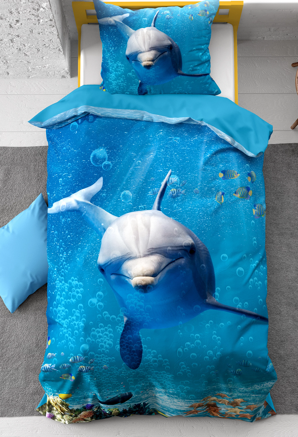 school Onderscheid tentoonstelling 1-persoons kinder dekbedovertrek (dekbed hoes) blauw met dolfijn (dolphin),  tropische vissen, zeesterren en schelpen in de helder blauwe zee (water)  KATOEN eenpersoons140 x 220 cm – Blije Kids