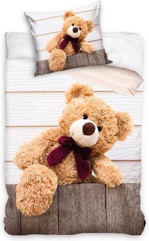 1-persoons kinder dekbedovertrek (dekbed hoes) met grote bruine / teddybeer op houten achtergrond (sint & kerstmis cadeau idee!) Blije Kids