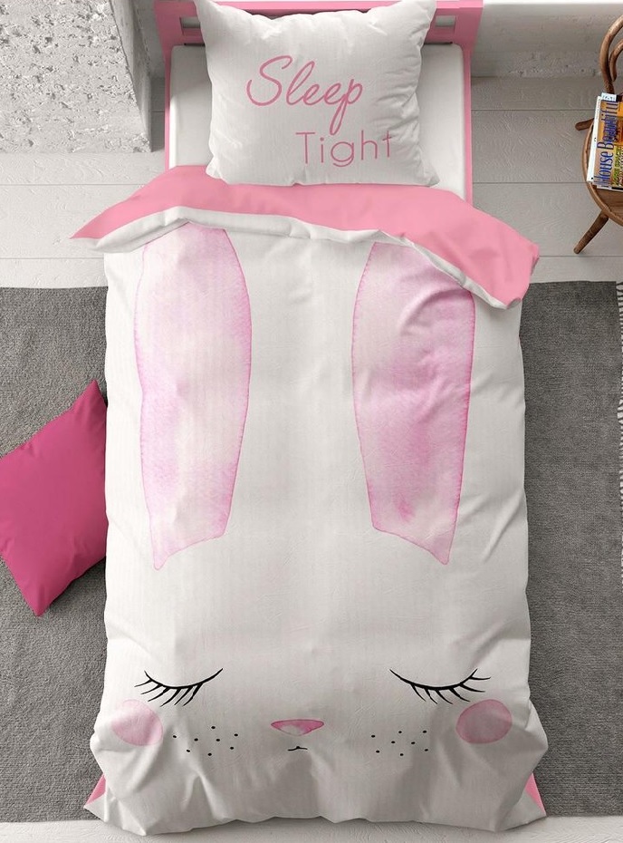 1-persoons meisjes / kinder dekbedovertrek (dekbed hoes) wit met lief (schattig) slapend konijn / haasje (rabbit) met roze KATOEN 140 x 220 CM (cadeau idee) – Blije Kids