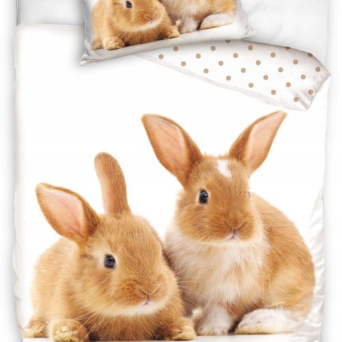 1-persoons kinder dekbedovertrek (dekbed hoes) wit met twee schattige bruine konijntjes / konijnen (dier haas) KATOEN eenpersoons 140 x 200 cm