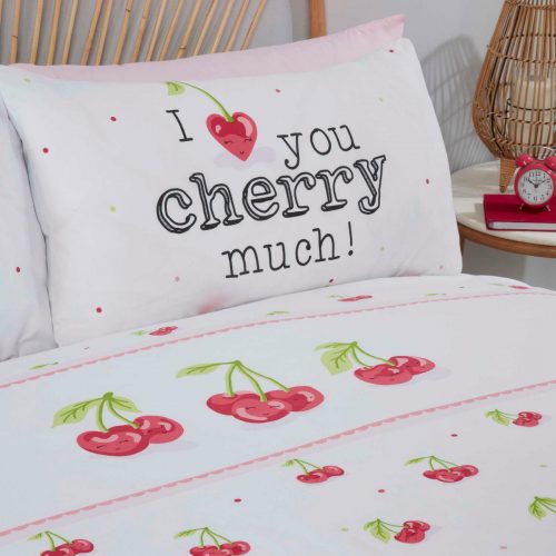 2-persoons dekbedovertrek (dekbed hoes) "I love you cherry much” wit met rode kersen (grappige kersjes met gezichtje / fruit) en groene blaadjes tweepersoons 200 x 200 cm