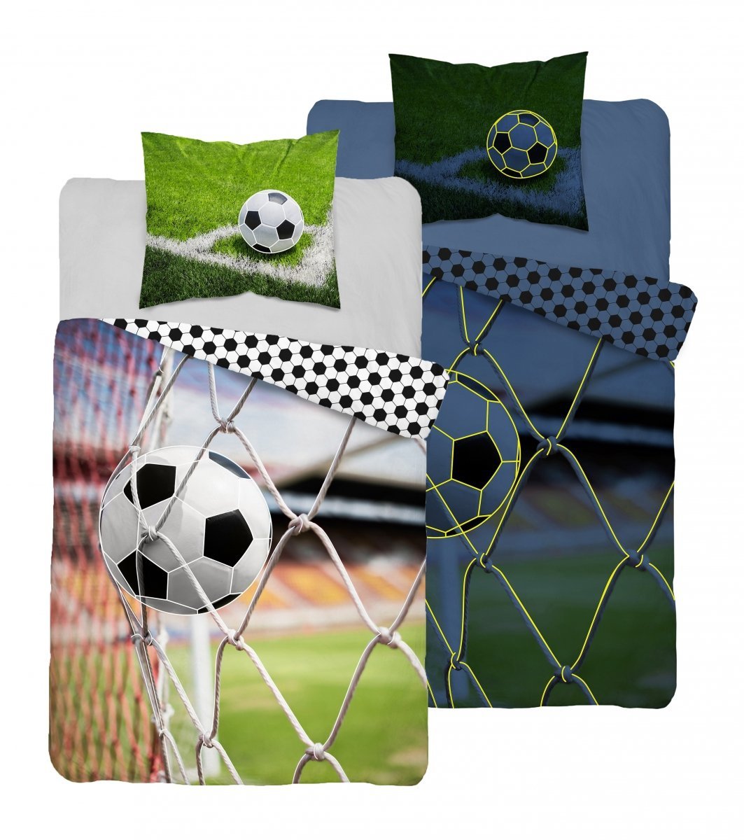 1-persoons jongens (dekbed hoes) “doelpunt” groen met grote voetbal in het net (goal / doel) en voetbalveld met bal op het gras / glow-in-the-dark KATOEN 140 x 200 cm –