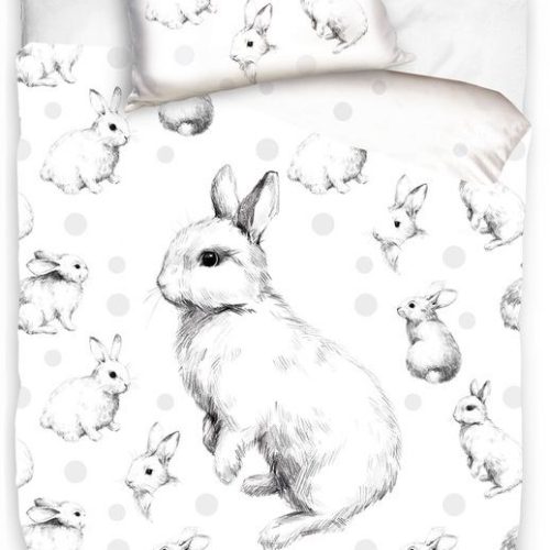 1-persoons kinder dekbedovertrek (dekbed hoes) wit met kleine schattige konijntjes / konijnen (haasjes / dier) met stippen (schets , tekening, silhouet) KATOEN eenpersoons 140 x 200 cm
