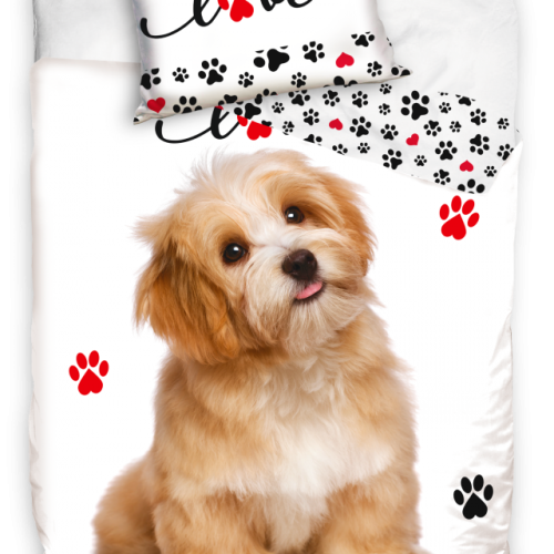 1-persoons kinder dekbedovertrek (dekbed hoes) wit met schattige hond / Boomer hondje / puppy met pootafdrukken in zwart en rood KATOEN eenpersoons 140 x 200 cm