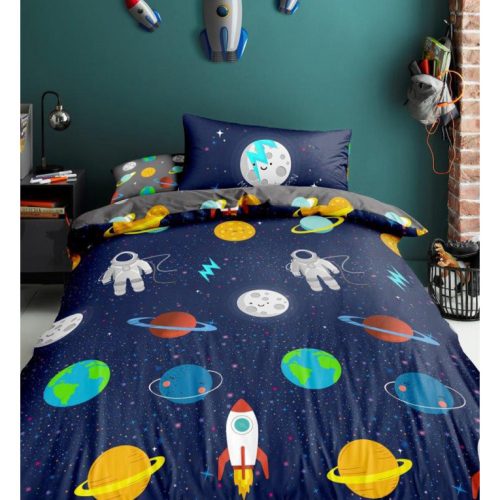 1-persoons jongens dekbedovertrek (dekbed hoes) “space” blauw / donkerblauw met planeten, sterren, astronauten en raketten in de ruimte / heelal eenpersoons 140 x 200 cm