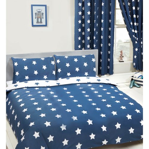 2-persoons dekbedovertrek donkerblauw / navy blauw met witte sterren / sterretjes tweepersoons 200 x 200 cm