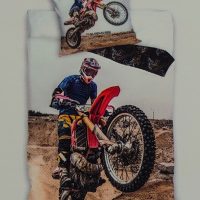 1-persoons dekbedovertrek (dekbed hoes) “motorcross” met stoere motorrijder op crossmotor door het mulle zand KATOEN eenpersoons 140 x 200 cm