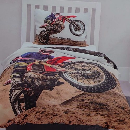 1-persoons dekbedovertrek (dekbed hoes) “motorcross” met stoere motorrijder op crossmotor door het mulle zand KATOEN eenpersoons 140 x 200 cm