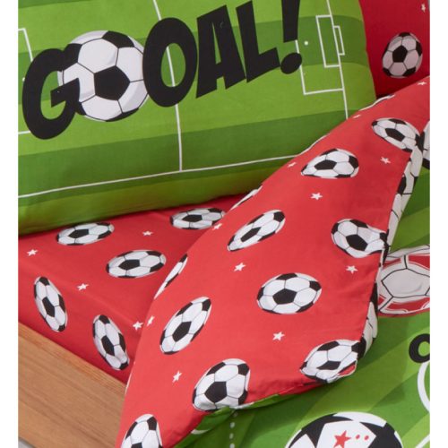 1-persoons jongens dekbedovertrek (dekbed hoes) groen / rood met ballen en voetbalveld met lijnen en verschillende voetballen (football goal) eenpersoons 140 x 200 cm