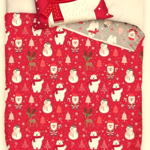 1-persoons kinder Kerst dekbedovertrek (dekbed hoes) rood - wit met ijsbeer, sneeuwpop, Kerstman, rendier, Kerstboom en sterren / sterretjes KATOEN eenpersoons 140 x 200 cm