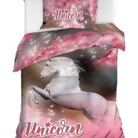1-persoons meisjes dekbedovertrek (dekbed hoes) met grote unicorn / eenhoorn / wit paard (springpaard) op roze achtergrond met schitterende sterren / sterretjes KATOEN - SATIJN eenpersoons 140 x 220 cm