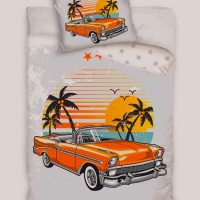 1-persoons jongens dekbedovertrek (dekbed hoes) “retro oldtimer auto” licht grijs met oranje Amerikaanse Beverly Hills auto (car / wagen) met palmbomen en sterren KATOEN eenpersoons 140 x 200 cm