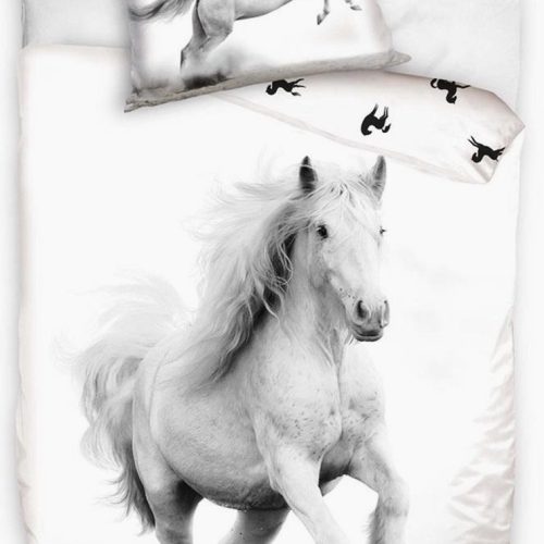 1-persoons dekbedovertrek (dekbed hoes) wit met paard in galop / springpaard “be wild and free” KATOEN eenpersoons 140 x 200 cm