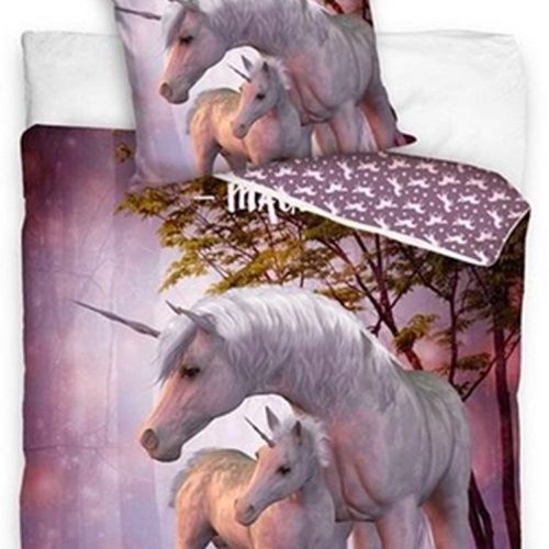 1-persoons jongens dekbedovertrek (dekbed hoes) “magical unicorn met veulen” lila paars met eenhoorn (paard / pony) met jong in het bos tussen de lavendel bloemen KATOEN eenpersoons 140 x 200 cm
