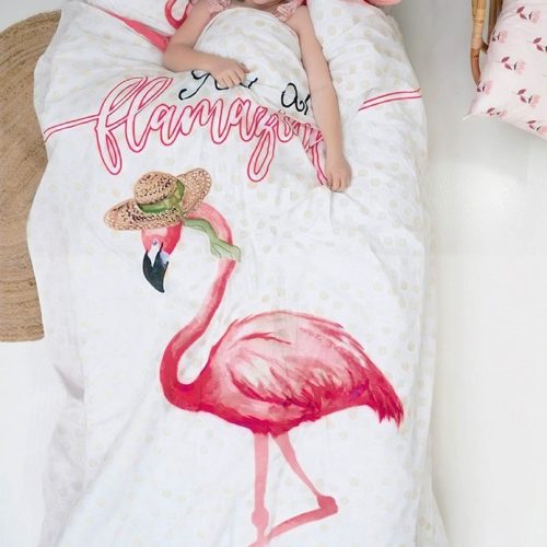 1-persoons meisjes dekbedovertrek (dekbed hoes) wit met beige stippen en grote roze flamingo (vogel) met hoedje KATOEN eenpersoons 140 x 220 cm